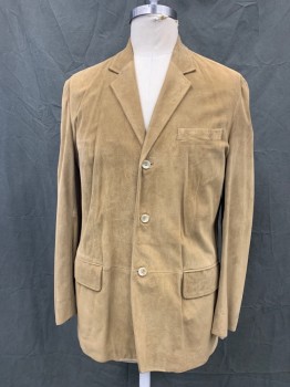 BANANA REPUBLIC, Tan Brown, Suede, Solid, Single Breasted, Collar Attached, Notched Lapel, 3 Pockets, 3 Buttons
