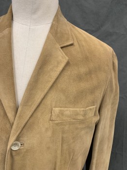BANANA REPUBLIC, Tan Brown, Suede, Solid, Single Breasted, Collar Attached, Notched Lapel, 3 Pockets, 3 Buttons