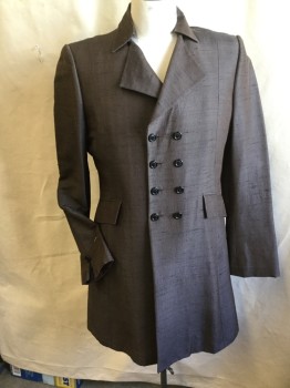 Mens, Historical Fiction Coat, FOX 872, Dk Brown, Black, Silk, Polyester, Heathered, 42, 3/4 Length, Dark Brown with Black Heather/texture, Light Olive Herringbone Lining, Notched Lapel, Double Breasted, 8 Button Front, 4 Pockets ( 2 Vertical and 2 Slant Pockets with Flap) , Long Sleeves with 1 Matching Button at Hem, 2 Split Back Hem