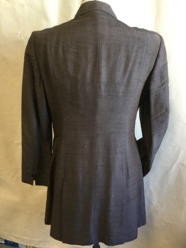 Mens, Historical Fiction Coat, FOX 872, Dk Brown, Black, Silk, Polyester, Heathered, 42, 3/4 Length, Dark Brown with Black Heather/texture, Light Olive Herringbone Lining, Notched Lapel, Double Breasted, 8 Button Front, 4 Pockets ( 2 Vertical and 2 Slant Pockets with Flap) , Long Sleeves with 1 Matching Button at Hem, 2 Split Back Hem