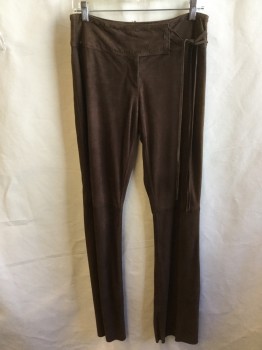 Womens, Leather Pants, CACHE, Brown, Suede, Solid, W:29, 4 , 3" Waistband with Self Thin Lacing Stitches and 3 Short Strings Tie, Flat Front, Zip Front,