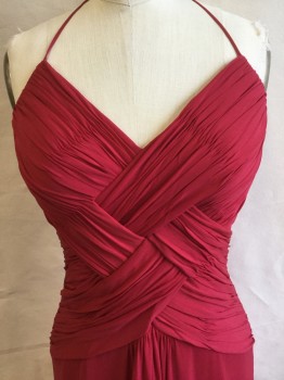 LAUNDRY, Red, Acetate, Nylon, Solid, Gathered Braid Front Detail Work Upper Bodice, Spaghetti Halter, Zip Back,