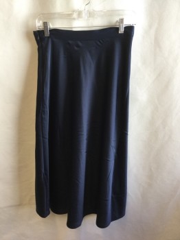 H & M, Navy Blue, Polyester, Elastane, Solid, Stretch Satin, A-Line, 1.5" Wide Self Waistband, Invisible Zipper at Side