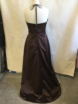 DA VINCI, Dk Brown, Polyester, Acetate, Solid, Satin, Halter Spaghetti Straps, V-neck,  1-1/4" Self Attached Belt with Square Rhinestoned Buckle, Zip Back (there is a Clear Spot Above the Belt- in the Back)