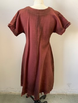 Womens, Historical Fiction Tunic, N/L, Brick Red, Cotton, Solid, B:34, Historical Fantasy, Short Sleeves, Round Neck with V-Notch, Raw Frayed Edges, Aged, Peasant