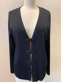 Womens, Sweater, CHICO'S, Black, Rayon, Nylon, Solid, L, Cardigan, V-neck, Single Breasted, Button Front, Frog Button Closures