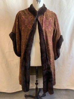 Mens, Historical Fiction Robe, MTO, Purple, Beige, Dk Olive Grn, Dk Brown, Cotton, Fur, Geometric, Floral, XXL, Round Neck, Hook & Eye Closure on Center Front Neck, Long Bell Sleeves, Fur Trim on Collar, Down Front, and Cuffs, Gold Lining