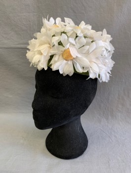 N/L, White, Olive Green, Lt Yellow, Silk, Buckram, Floral, Olive Buckram Pillbox Hat Covered in White Silk Daisies with Yellow Pom Pom Centers,