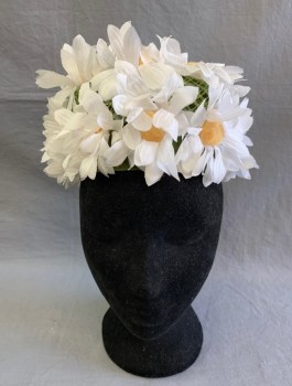 N/L, White, Olive Green, Lt Yellow, Silk, Buckram, Floral, Olive Buckram Pillbox Hat Covered in White Silk Daisies with Yellow Pom Pom Centers,