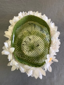 Womens, Hat, N/L, White, Olive Green, Lt Yellow, Silk, Buckram, Floral, Olive Buckram Pillbox Hat Covered in White Silk Daisies with Yellow Pom Pom Centers,