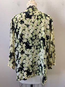 CITRON, Black, Yellow, Lt Green, Silk, Floral, Sheer, Collar Band, Button Front, Long Sleeves