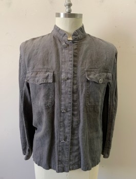 Mens, Shirt 1890s-1910s, N/L, Gray, Cotton, Solid, 18.5, Mandarin/Nehru Collar, Button Front, 2 Pockets, Long Sleeves, *Aged/Distressed*