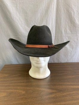 Mens, Cowboy Hat, STETSON, Black, Wool, Solid, 7 3/8, Open Road, Brown Leather Band with Wooden Button