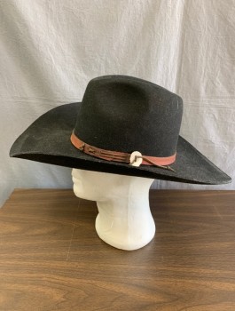 Mens, Cowboy Hat, STETSON, Black, Wool, Solid, 7 3/8, Open Road, Brown Leather Band with Wooden Button