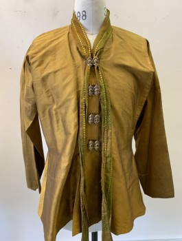 Mens, Tops, N/L MTO, Ochre Brown-Yellow, Silk, Solid, 38, Shiny Taffeta, L/S, 4 Intricate Metal "Button" Pieces with Large Square Button Holes, Olive Batik Cotton Shawl Neckline with Hanging Pieces, Made To Order, Asian Inspired