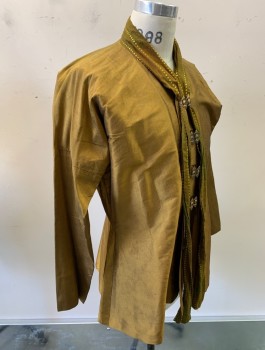 N/L MTO, Ochre Brown-Yellow, Silk, Solid, Shiny Taffeta, L/S, 4 Intricate Metal "Button" Pieces with Large Square Button Holes, Olive Batik Cotton Shawl Neckline with Hanging Pieces, Made To Order, Asian Inspired