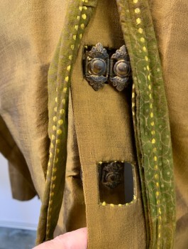 Mens, Tops, N/L MTO, Ochre Brown-Yellow, Silk, Solid, 38, Shiny Taffeta, L/S, 4 Intricate Metal "Button" Pieces with Large Square Button Holes, Olive Batik Cotton Shawl Neckline with Hanging Pieces, Made To Order, Asian Inspired