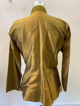 N/L MTO, Ochre Brown-Yellow, Silk, Solid, Shiny Taffeta, L/S, 4 Intricate Metal "Button" Pieces with Large Square Button Holes, Olive Batik Cotton Shawl Neckline with Hanging Pieces, Made To Order, Asian Inspired