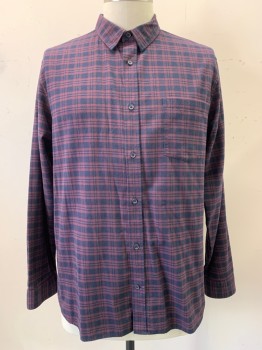 Vince, Red Burgundy, Navy Blue, Cotton, Plaid, L/S, Button Front, Collar Attached, Chest Pocket