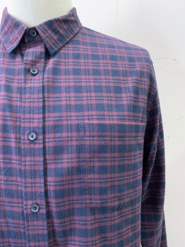 Vince, Red Burgundy, Navy Blue, Cotton, Plaid, L/S, Button Front, Collar Attached, Chest Pocket