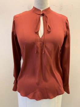 A.L.C., Burnt Orange, Silk, Solid, Pullover, Mandarin Collar, Neck Tie Attached, Key Hole, Long Sleeves