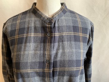 UNIQLO, Heather Gray, Black, Brown, White, Cotton, Plaid, Flannel, Button Front, Band Collar, 2 Pockets, Long Sleeves, Button Cuff, Multiple