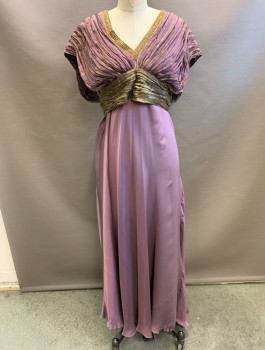 N/L MTO, Lavender Purple, Gold, Silk, Beaded, Solid, Stripes, Bias Cut Satin with Finely Pleated Cap Sleeve Over Layer with Gold Lamé Stripes, Gold Beaded V-neck, Pleated Gold Lamé Waistband in Inverted V Shape, Floor Length, Made To Order