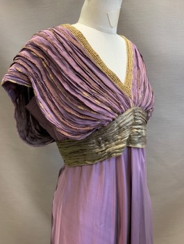 N/L MTO, Lavender Purple, Gold, Silk, Beaded, Solid, Stripes, Bias Cut Satin with Finely Pleated Cap Sleeve Over Layer with Gold Lamé Stripes, Gold Beaded V-neck, Pleated Gold Lamé Waistband in Inverted V Shape, Floor Length, Made To Order