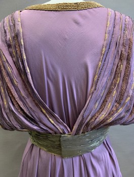 Womens, Historical Fiction Dress, N/L MTO, Lavender Purple, Gold, Silk, Beaded, Solid, Stripes, W:26, B32-36, Bias Cut Satin with Finely Pleated Cap Sleeve Over Layer with Gold Lamé Stripes, Gold Beaded V-neck, Pleated Gold Lamé Waistband in Inverted V Shape, Floor Length, Made To Order