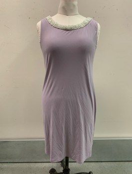 R+M RICHARDS, Lavender Purple, Polyester, Spandex, Solid, DRESS, Round Neck, Slvls, White And Silver Beading At Neck,