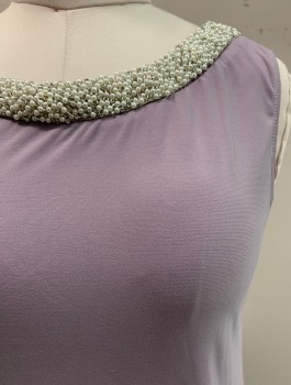R+M RICHARDS, Lavender Purple, Polyester, Spandex, Solid, DRESS, Round Neck, Slvls, White And Silver Beading At Neck,
