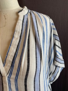 A NEW DAY, White, Blue, Black, Cotton, Stripes - Vertical , Band Collar, V-N, S/S, Cuffed
