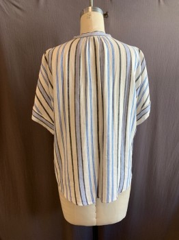 A NEW DAY, White, Blue, Black, Cotton, Stripes - Vertical , Band Collar, V-N, S/S, Cuffed