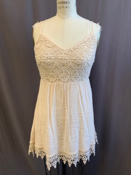 BE COOL, Antique White, Rayon, Polyester, Solid, Adjustable Spaghetti Straps, V-neck, Lace Yoke, Gathered Elastic Empire Waist, Attached Spaghetti Strap Back Ties, Lace Hem Trim