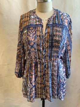 AMERICAN RAG, Blue, Peach Orange, Lt Brown, Cream, Polyester, Stripes, Abstract , Pin Tuck Pleat Bib, Drawstring Waist, Button/Loop Front with V-neck, Band Collar, Blue See Through Ribbon Panel at Yoke and Down Sleeves, 3/4 Sleeve, Elastic Cuff