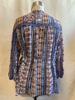 AMERICAN RAG, Blue, Peach Orange, Lt Brown, Cream, Polyester, Stripes, Abstract , Pin Tuck Pleat Bib, Drawstring Waist, Button/Loop Front with V-neck, Band Collar, Blue See Through Ribbon Panel at Yoke and Down Sleeves, 3/4 Sleeve, Elastic Cuff