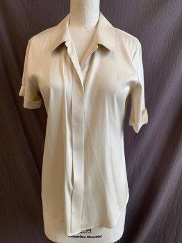 THEORY, Champagne, Silk, Spandex, Solid, Button Front, C.A., 5 Buttons, Cuffed Sleeves
