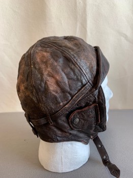 Mens, Sci-Fi/Fantasy Headpiece , N/L, Dk Brown, Brown, Leather, Faded, O/S, AVIATOR HAT, Brown Leather Chin Strap *Aged/Distressed*