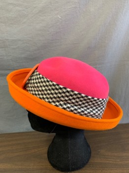 Womens, Hat, WHITTALL & SHON, Hot Pink, Orange, Black, White, Wool, Color Blocking, Houndstooth, OS, Houndstooth Fabric Around Base with Orange Fabric Covered Ring at Center, Rolled Brim, Elastic String Chin Strap