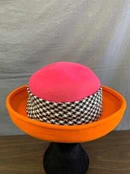 Womens, Hat, WHITTALL & SHON, Hot Pink, Orange, Black, White, Wool, Color Blocking, Houndstooth, OS, Houndstooth Fabric Around Base with Orange Fabric Covered Ring at Center, Rolled Brim, Elastic String Chin Strap