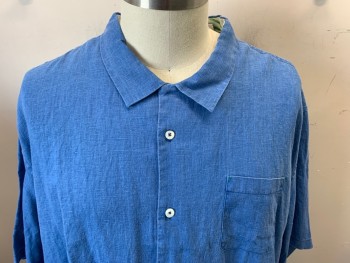 TOMMY BAHAMA, Blue, Linen, Solid, Short Sleeves, Button Front, Collar Attached, 1 Pocket,