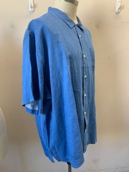 TOMMY BAHAMA, Blue, Linen, Solid, Short Sleeves, Button Front, Collar Attached, 1 Pocket,