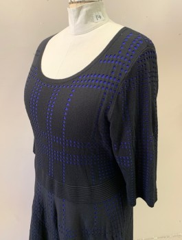 N/L, Black, Royal Blue, Rayon, Polyester, Dots, Grid , Knit with Cutout Holes Revealing Royal Blue Dots, in Oversized Grid/Plaid Pattern, 3/4 Sleeves, Scoop Neck, Knee Length, Ribbed Detail at Waist, Plus Size