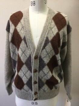 Mens, Sweater, YVES SAINT LAURENT, Oatmeal Brown, Brown, Black, Mauve Purple, Wool, Argyle, 44, Cardigan, V-neck, Button Front, Long Sleeves,