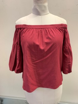 BCBG, Dk Red, Rayon, Cotton, Solid, Elastic Off the Shoulder, Bell Sleeves,