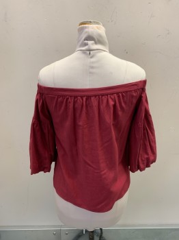 BCBG, Dk Red, Rayon, Cotton, Solid, Elastic Off the Shoulder, Bell Sleeves,