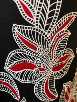 ESPRESSO, Black, White, Cranberry Red, Polyester, Spandex, Leaves/Vines , S/S, Scoop Tie With String Ties, Gathered Neckline, Sleeve Flounce, Cotton Dot Trim On Leaf Print
