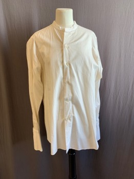 Mens, Shirt 1890s-1910s, ANTO, White, Cotton, Solid, 36, 14.5, Band Collar, Button Front, L/S, French Cuffs *Aged/Distressed*
