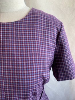 CLUB MONACO, Red Burgundy, Sky Blue, Lt Gray, Polyester, Viscose, Plaid, Burgandy, Sky Blue, and Light Gray Plaid, Short Sleeves, Crew Neck, Zip Back, with Matching Belt and Black Circle Buckle
