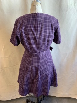 CLUB MONACO, Red Burgundy, Sky Blue, Lt Gray, Polyester, Viscose, Plaid, Burgandy, Sky Blue, and Light Gray Plaid, Short Sleeves, Crew Neck, Zip Back, with Matching Belt and Black Circle Buckle